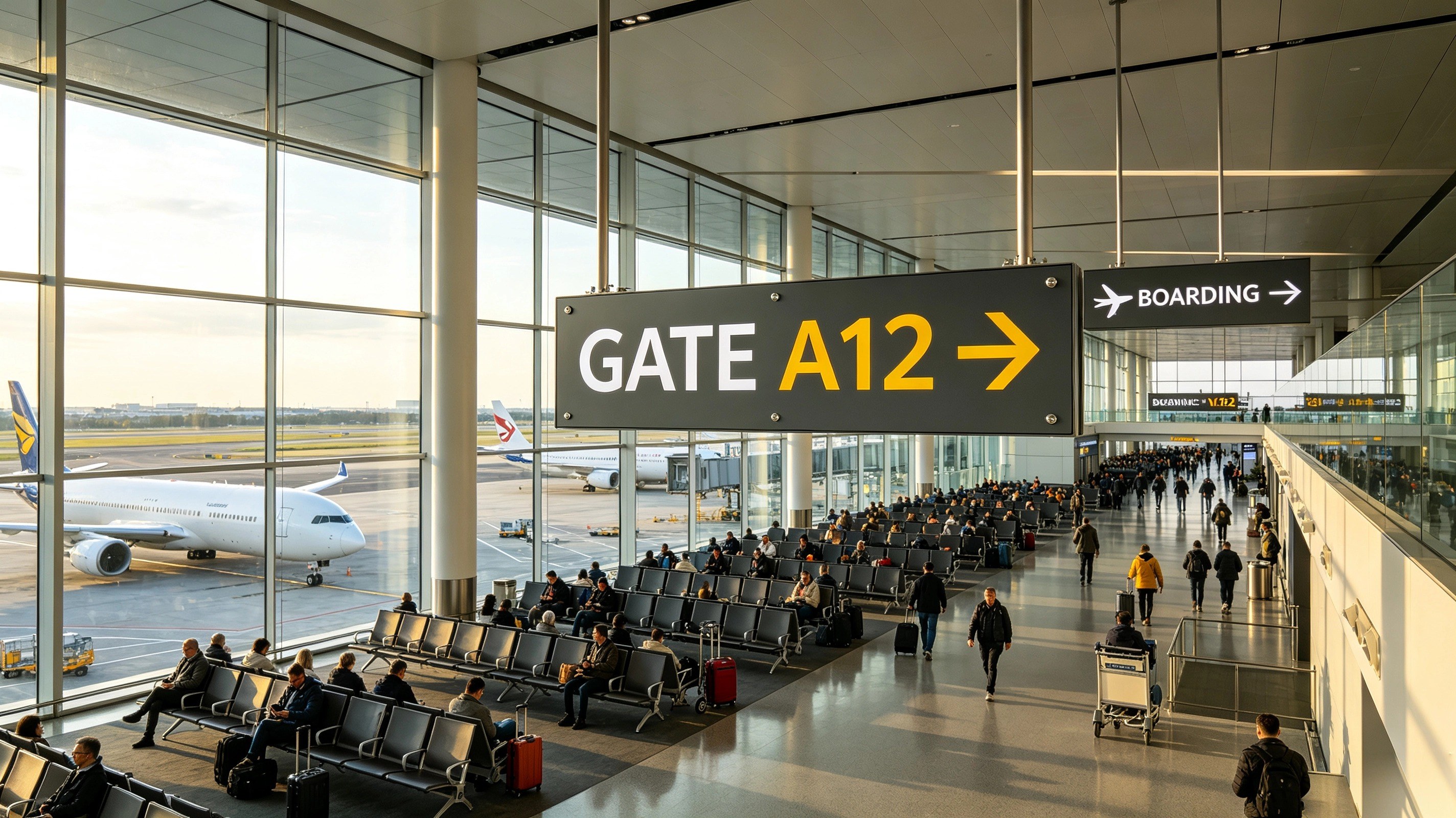 Airport terminal wayfinding signage system with directional guidance for passengers and visitor navigation